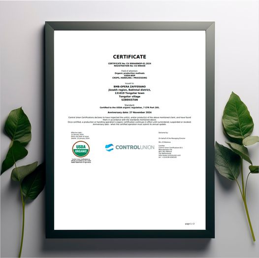 BMB Zafaron products have received USDA Organic certification (an organic certification developed by the United States Department of Agriculture).